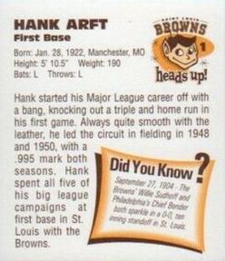 1998 St. Louis Browns Heads Up! #1 Hank Arft Back