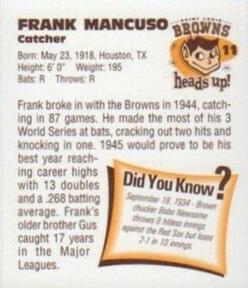 1998 St. Louis Browns Heads Up! #11 Frank Mancuso Back