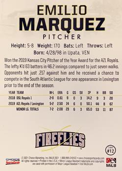 2021 Choice Columbia Fireflies #12 Emilio Marquez Back