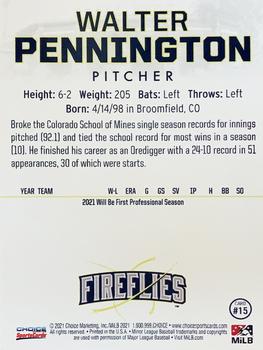 2021 Choice Columbia Fireflies #15 Walter Pennington Back