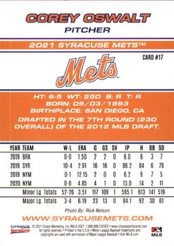 2021 Choice Syracuse Mets #17 Corey Oswalt Back
