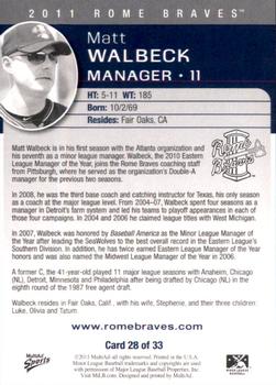 2011 MultiAd Rome Braves #28 Matt Walbeck Back