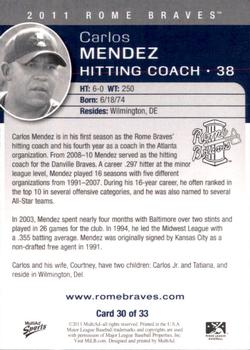 2011 MultiAd Rome Braves #30 Carlos Mendez Back