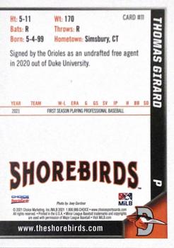2021 Choice Delmarva Shorebirds #11 Thomas Girard Back