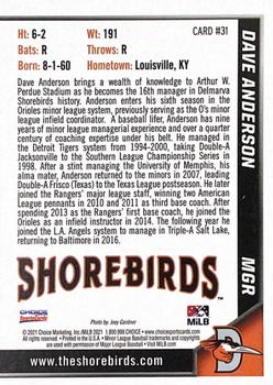 2021 Choice Delmarva Shorebirds #31 Dave Anderson Back