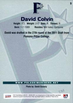 2011 Choice Pulaski Mariners #9 David Colvin Back