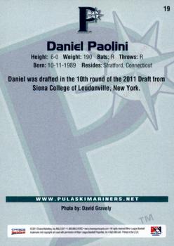 2011 Choice Pulaski Mariners #19 Daniel Paolini Back