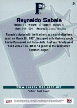 2011 Choice Pulaski Mariners #24 Reynaldo Sabala Back