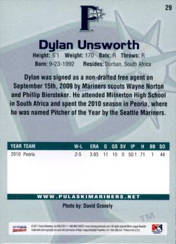2011 Choice Pulaski Mariners #29 Dylan Unsworth Back