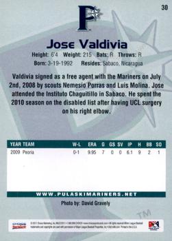 2011 Choice Pulaski Mariners #30 Jose Valdivia Back