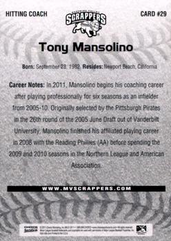 2011 Choice Mahoning Valley Scrappers #29 Tony Mansolino Back