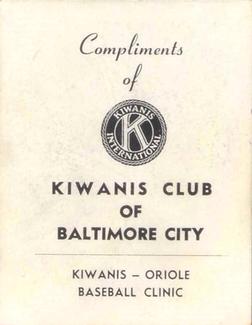 1959 Kiwanis Club Baltimore Orioles Clinic #NNO William Klaus Back