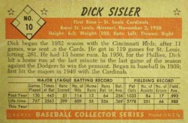 1953 Bowman Black & White #10 Dick Sisler Back