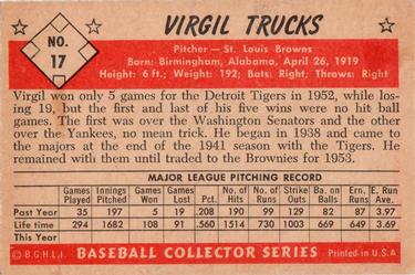 1953 Bowman Black & White #17 Virgil Trucks Back