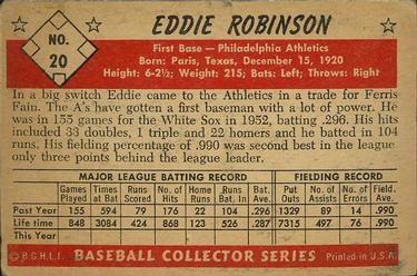 1953 Bowman Black & White #20 Eddie Robinson Back