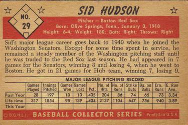 1953 Bowman Black & White #29 Sid Hudson Back