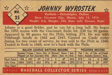 1953 Bowman Black & White #35 Johnny Wyrostek Back