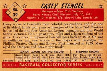 1953 Bowman Black & White #39 Casey Stengel Back