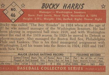 1953 Bowman Black & White #46 Bucky Harris Back