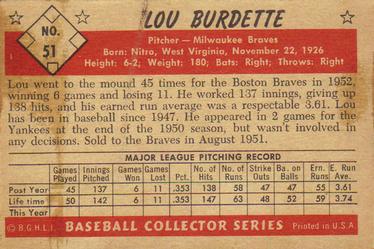 1953 Bowman Black & White #51 Lew Burdette Back