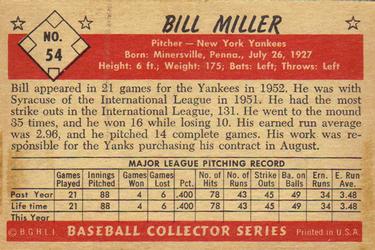 1953 Bowman Black & White #54 Bill Miller Back