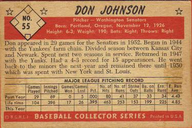 1953 Bowman Black & White #55 Don Johnson Back