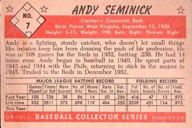 1953 Bowman Black & White #7 Andy Seminick Back