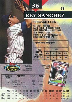 1993 Stadium Club #36 Rey Sanchez Back