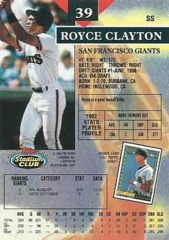 1993 Stadium Club #39 Royce Clayton Back