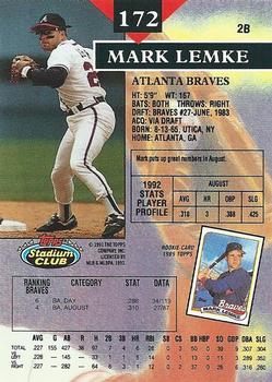 1993 Stadium Club #172 Mark Lemke Back