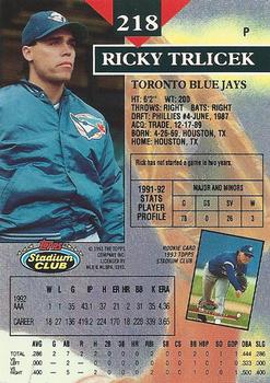 1993 Stadium Club #218 Ricky Trlicek Back