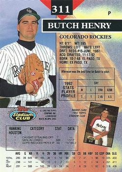 1993 Stadium Club #311 Butch Henry Back