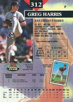 1993 Stadium Club #312 Greg Harris Back
