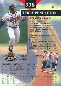 1993 Stadium Club #338 Terry Pendleton Back