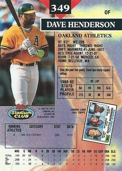 1993 Stadium Club #349 Dave Henderson Back