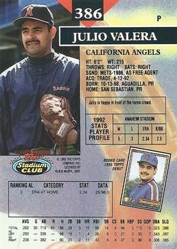 1993 Stadium Club #386 Julio Valera Back