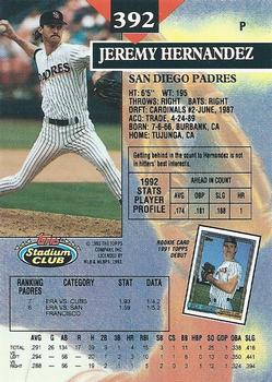 1993 Stadium Club #392 Jeremy Hernandez Back