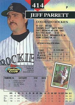 1993 Stadium Club #414 Jeff Parrett Back