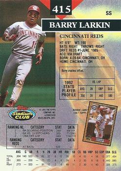 1993 Stadium Club #415 Barry Larkin Back