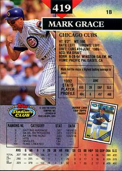 1993 Stadium Club #419 Mark Grace Back