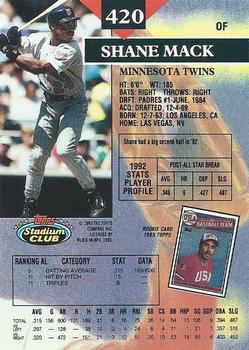1993 Stadium Club #420 Shane Mack Back