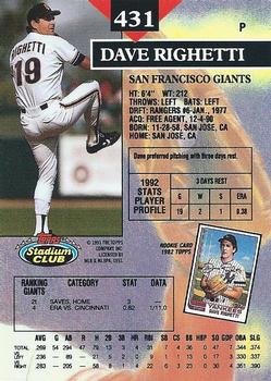 1993 Stadium Club #431 Dave Righetti Back