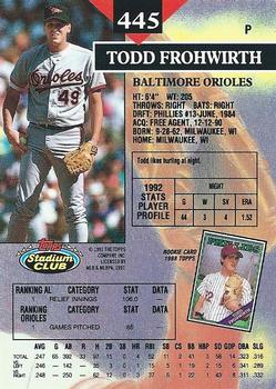 1993 Stadium Club #445 Todd Frohwirth Back
