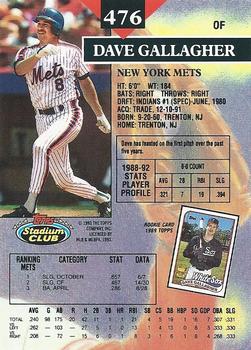 1993 Stadium Club #476 Dave Gallagher Back