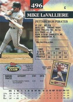 1993 Stadium Club #496 Mike LaValliere Back