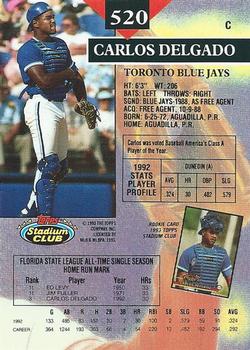 1993 Stadium Club #520 Carlos Delgado Back