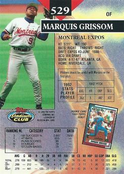 1993 Stadium Club #529 Marquis Grissom Back