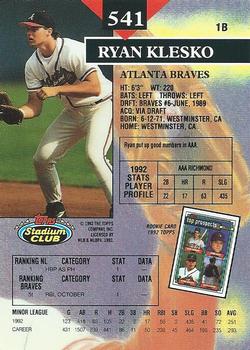 1993 Stadium Club #541 Ryan Klesko Back
