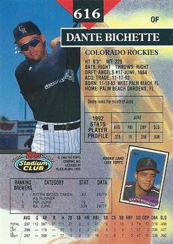 1993 Stadium Club #616 Dante Bichette Back