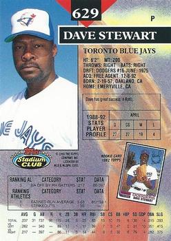 1993 Stadium Club #629 Dave Stewart Back